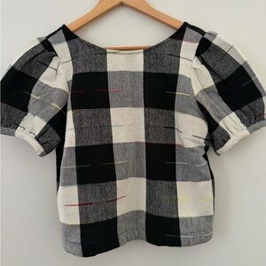 Anthropologie Black and White Checkered Puff Sleeve Blouse